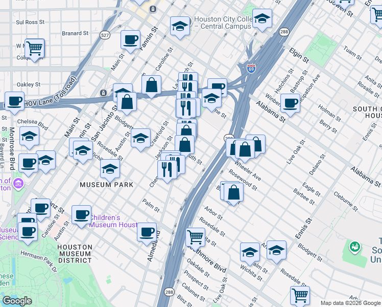 map of restaurants, bars, coffee shops, grocery stores, and more near 1909 Ruth Street in Houston