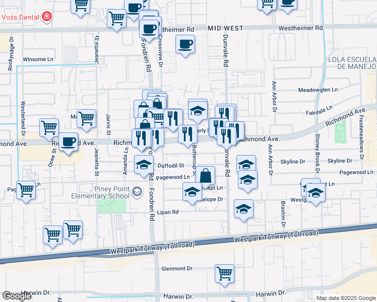 map of restaurants, bars, coffee shops, grocery stores, and more near 3310 Buttercup Street in Houston