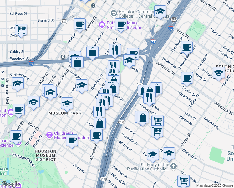 map of restaurants, bars, coffee shops, grocery stores, and more near 1909 Ruth Street in Houston