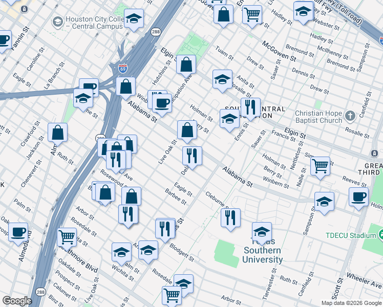 map of restaurants, bars, coffee shops, grocery stores, and more near 2705 Truxillo Street in Houston