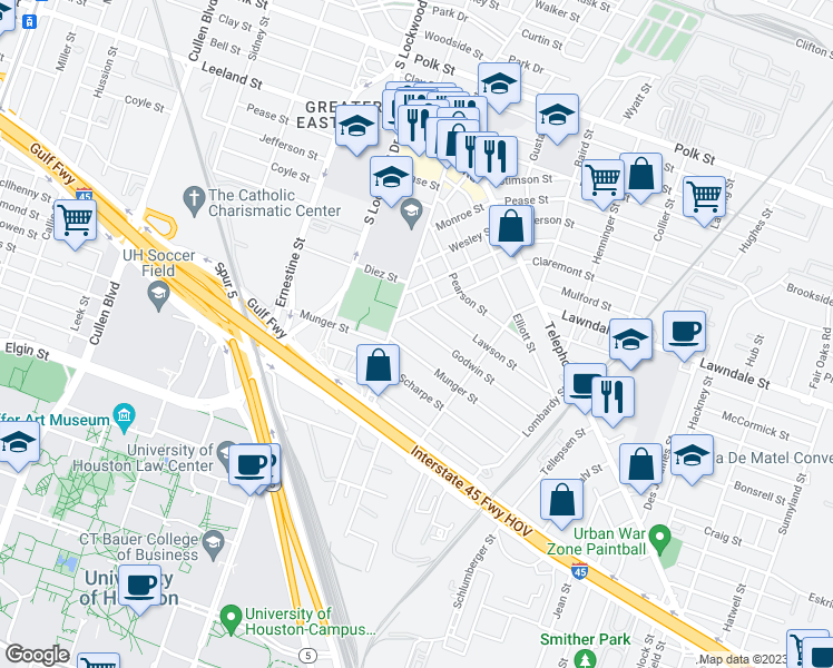 map of restaurants, bars, coffee shops, grocery stores, and more near 1420 Godwin Street in Houston
