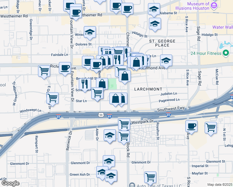 map of restaurants, bars, coffee shops, grocery stores, and more near 5625 Schumacher Lane in Houston