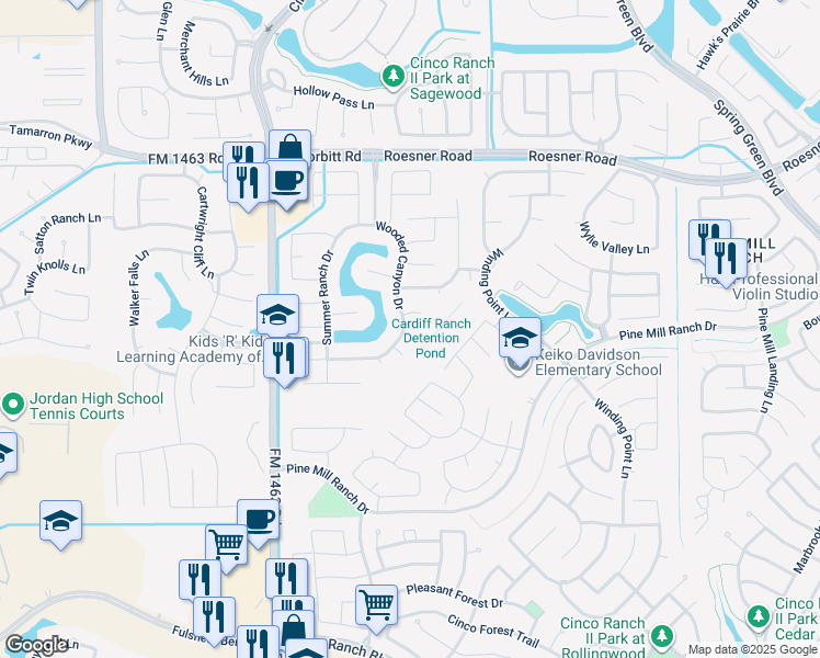 map of restaurants, bars, coffee shops, grocery stores, and more near 27107 Wooded Canyon Drive in Katy