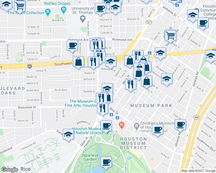 map of restaurants, bars, coffee shops, grocery stores, and more near 40 Oakdale Street in Houston