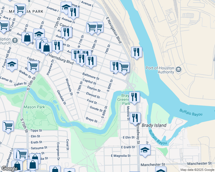 map of restaurants, bars, coffee shops, grocery stores, and more near 7943 Capitol Street in Houston