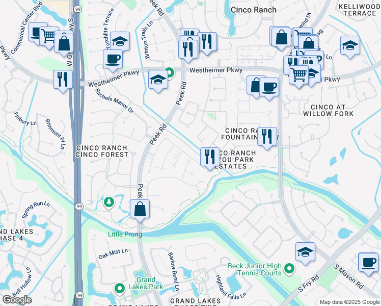 map of restaurants, bars, coffee shops, grocery stores, and more near 22606 Westbrook Cinco Lane in Katy