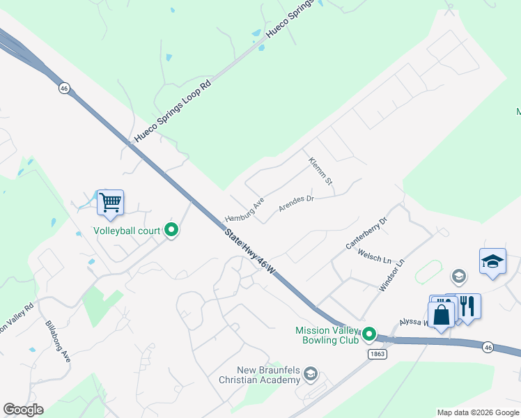 map of restaurants, bars, coffee shops, grocery stores, and more near 235 Arendes Drive in New Braunfels