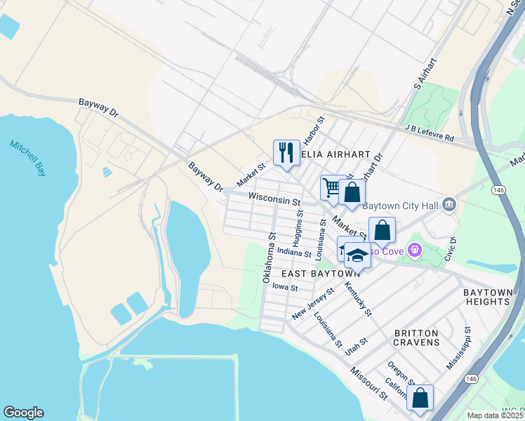 map of restaurants, bars, coffee shops, grocery stores, and more near 3304 Illinois Street in Baytown