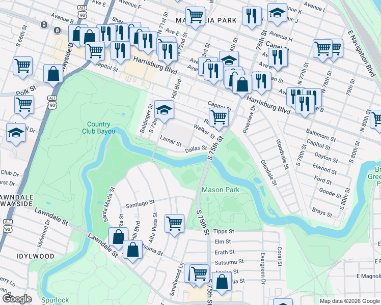map of restaurants, bars, coffee shops, grocery stores, and more near 7410 Dallas Street in Houston