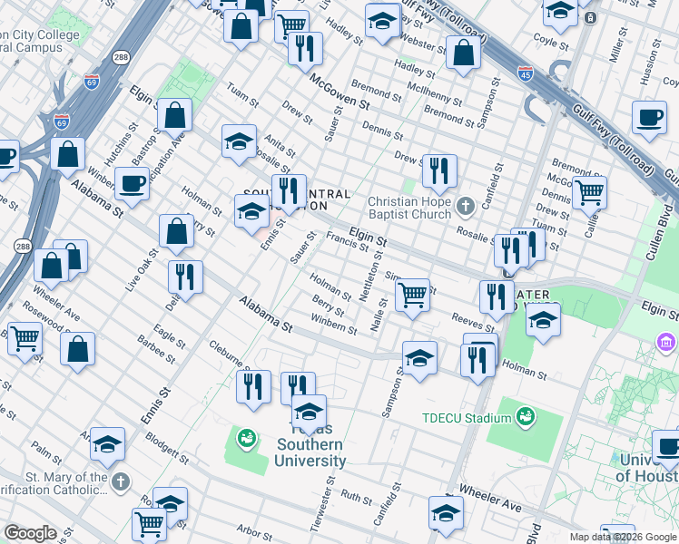map of restaurants, bars, coffee shops, grocery stores, and more near 3237 Reeves Street in Houston