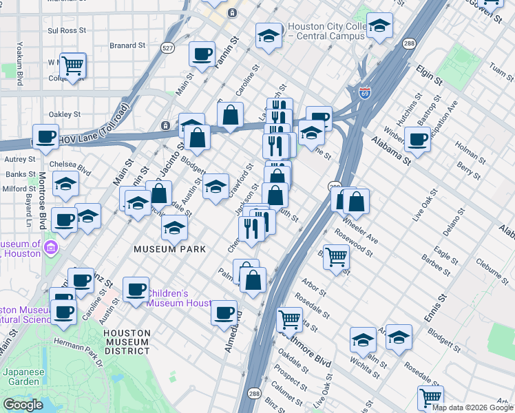 map of restaurants, bars, coffee shops, grocery stores, and more near 1721 Blodgett Street in Houston