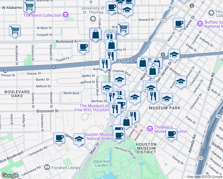 map of restaurants, bars, coffee shops, grocery stores, and more near 5001 Montrose Boulevard in Houston