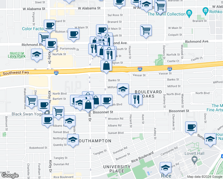 map of restaurants, bars, coffee shops, grocery stores, and more near 2047 Milford Street in Houston