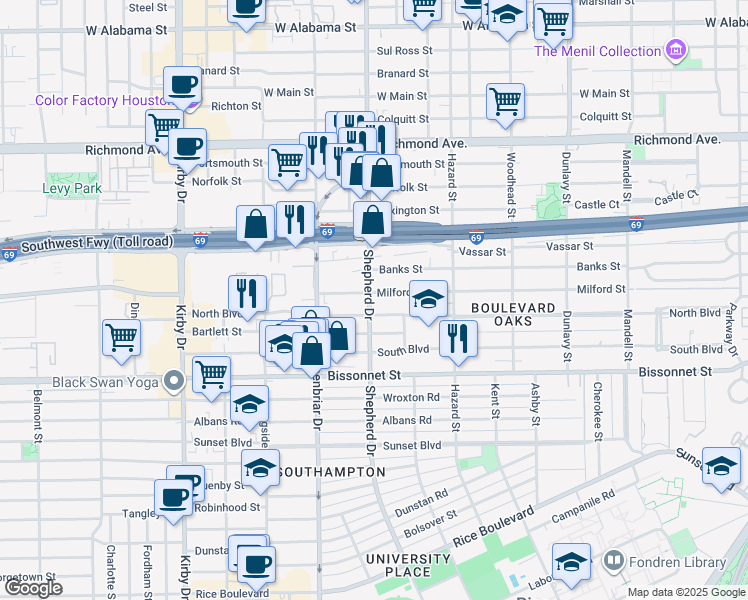 map of restaurants, bars, coffee shops, grocery stores, and more near in Houston