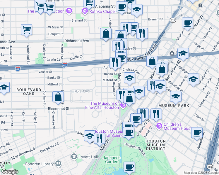 map of restaurants, bars, coffee shops, grocery stores, and more near 1013 Barkdull Street in Houston
