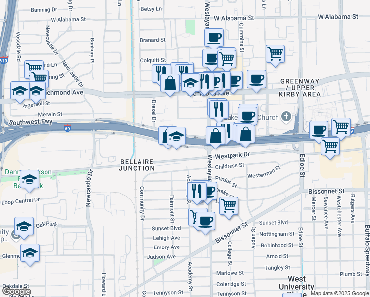 map of restaurants, bars, coffee shops, grocery stores, and more near 4141 U.S. 59 in Houston