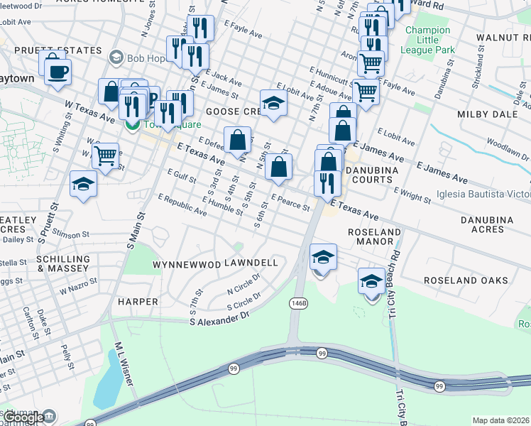 map of restaurants, bars, coffee shops, grocery stores, and more near 601 East Gulf Street in Baytown