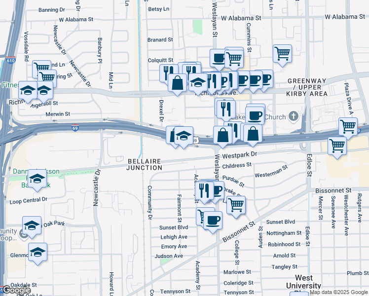 map of restaurants, bars, coffee shops, grocery stores, and more near 4141 U.S. 59 in Houston
