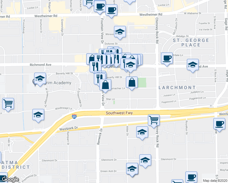 map of restaurants, bars, coffee shops, grocery stores, and more near 5905 Schumacher Lane in Houston