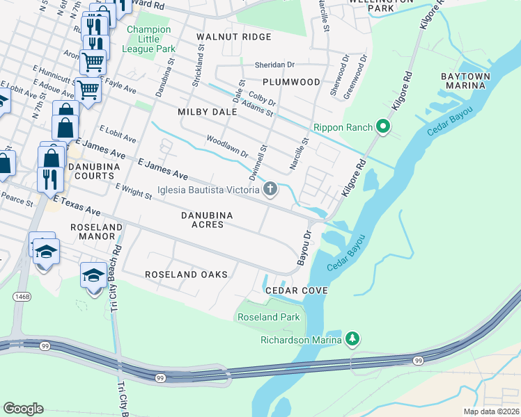 map of restaurants, bars, coffee shops, grocery stores, and more near 2101 East James Avenue in Baytown