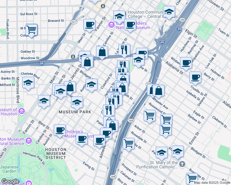 map of restaurants, bars, coffee shops, grocery stores, and more near 1721 Blodgett Street in Houston