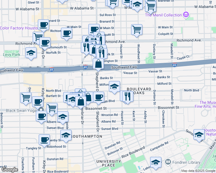 map of restaurants, bars, coffee shops, grocery stores, and more near 2047 Milford Street in Houston