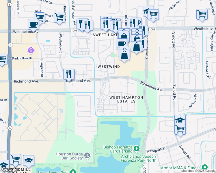 map of restaurants, bars, coffee shops, grocery stores, and more near 3046 Windchase Boulevard in Houston