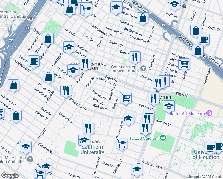 map of restaurants, bars, coffee shops, grocery stores, and more near 3278 Simmons Street in Houston