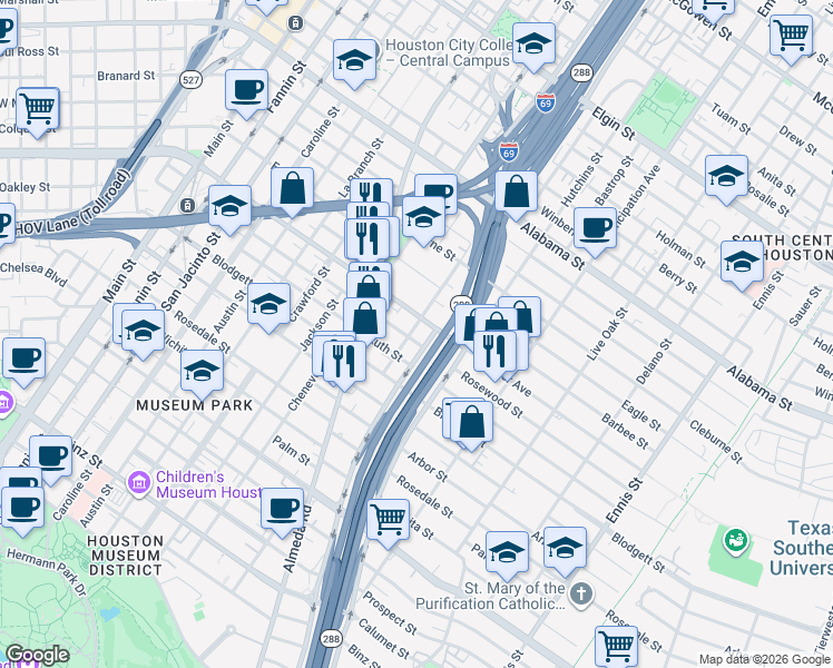 map of restaurants, bars, coffee shops, grocery stores, and more near 4401 Chartres Street in Houston