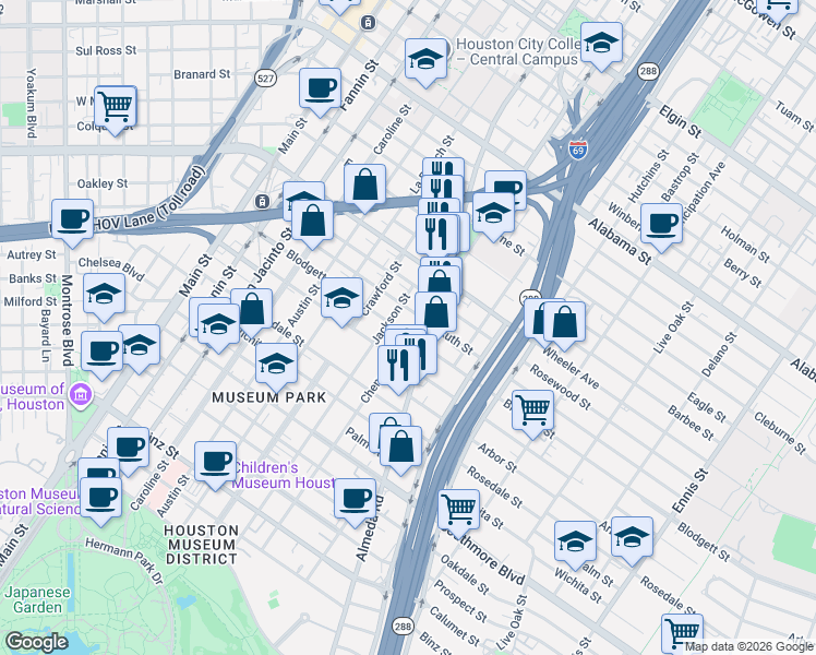 map of restaurants, bars, coffee shops, grocery stores, and more near 1721 Blodgett Street in Houston