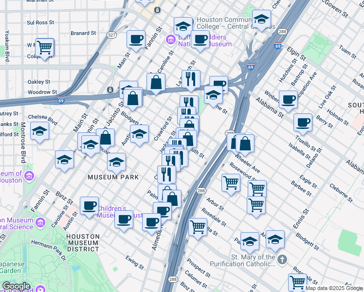 map of restaurants, bars, coffee shops, grocery stores, and more near 1721 Blodgett Street in Houston