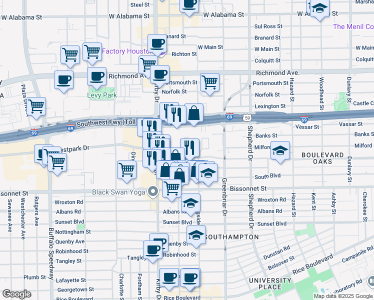 map of restaurants, bars, coffee shops, grocery stores, and more near 2440 North Boulevard in Houston