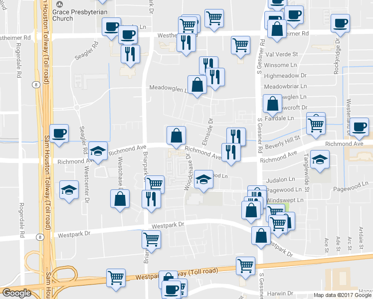 map of restaurants, bars, coffee shops, grocery stores, and more near in Houston
