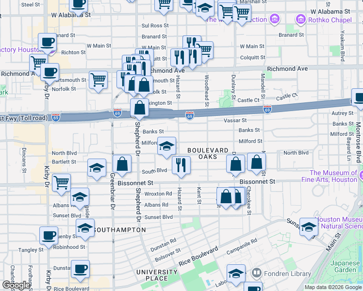 map of restaurants, bars, coffee shops, grocery stores, and more near 1917 Milford Street in Houston