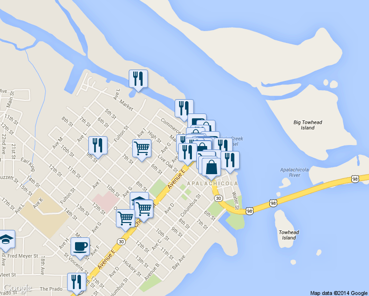 map of restaurants, bars, coffee shops, grocery stores, and more near Market & Cherry Street in Apalachicola