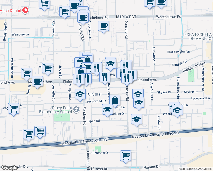 map of restaurants, bars, coffee shops, grocery stores, and more near 3310 Buttercup Street in Houston