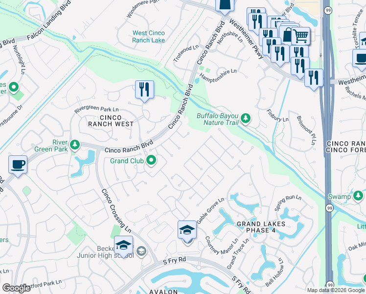 map of restaurants, bars, coffee shops, grocery stores, and more near 5027 Lodenberry Court in Katy
