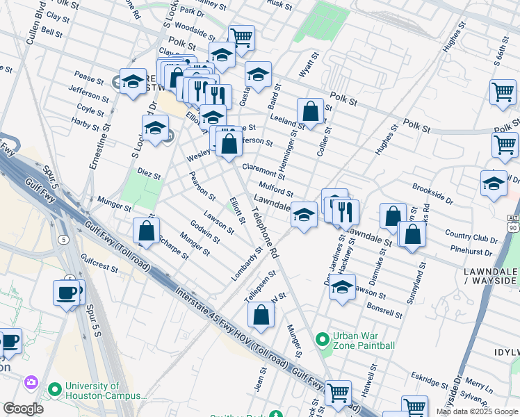 map of restaurants, bars, coffee shops, grocery stores, and more near 5201 Hillman Street in Houston