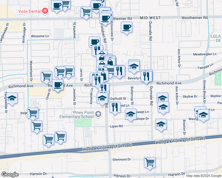 map of restaurants, bars, coffee shops, grocery stores, and more near 3301 Fondren Road in Houston