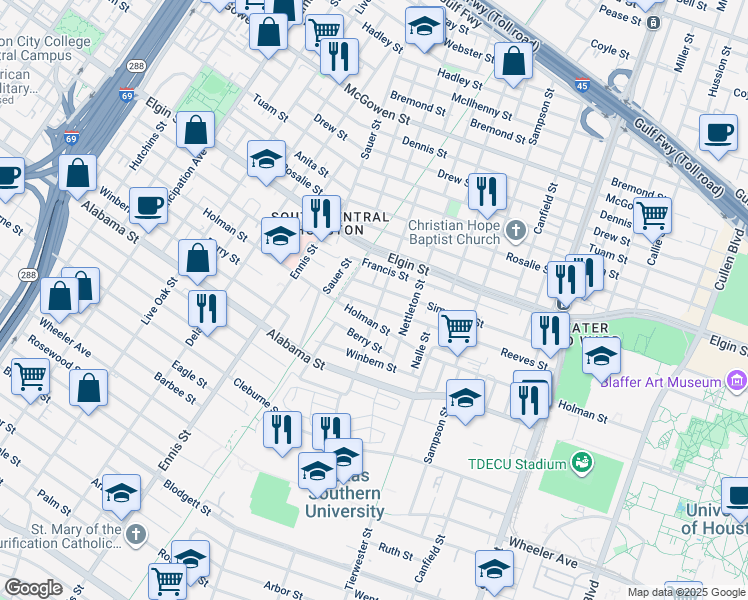 map of restaurants, bars, coffee shops, grocery stores, and more near 3237 Reeves Street in Houston