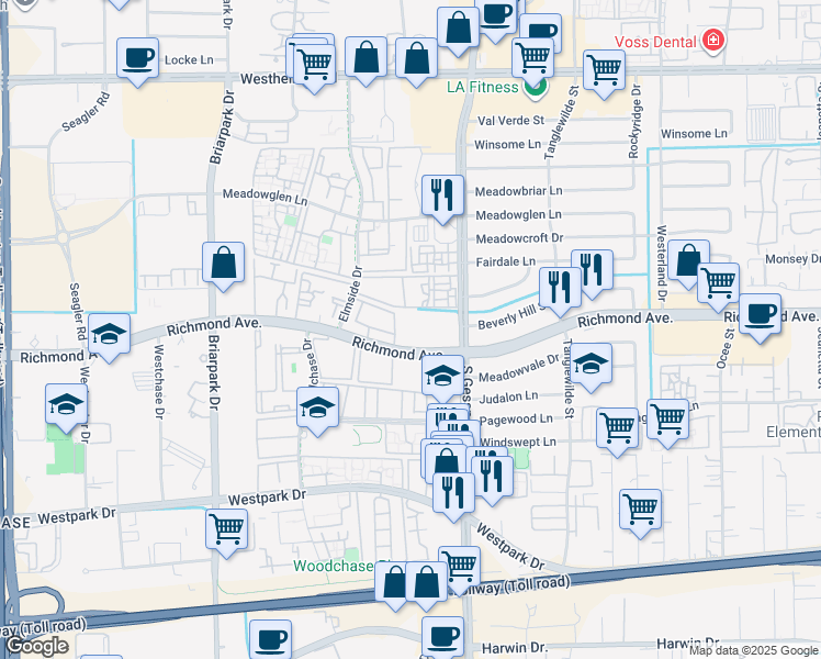 map of restaurants, bars, coffee shops, grocery stores, and more near 9800 Richmond Avenue in Houston