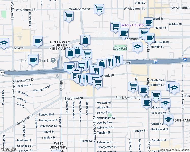 map of restaurants, bars, coffee shops, grocery stores, and more near 3143 Westpark Drive in Houston
