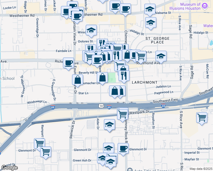 map of restaurants, bars, coffee shops, grocery stores, and more near 5709 Schumacher Lane in Houston