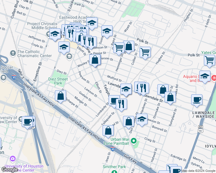 map of restaurants, bars, coffee shops, grocery stores, and more near 5201 Hillman Street in Houston