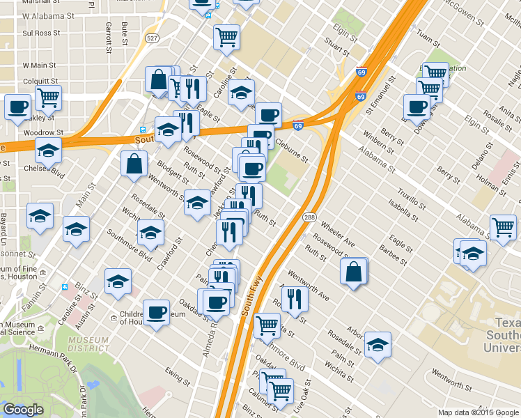 map of restaurants, bars, coffee shops, grocery stores, and more near 1909 Ruth Street in Houston