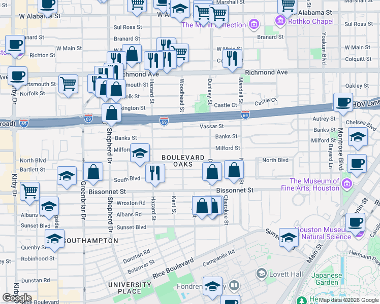 map of restaurants, bars, coffee shops, grocery stores, and more near 1801 Milford Street in Houston