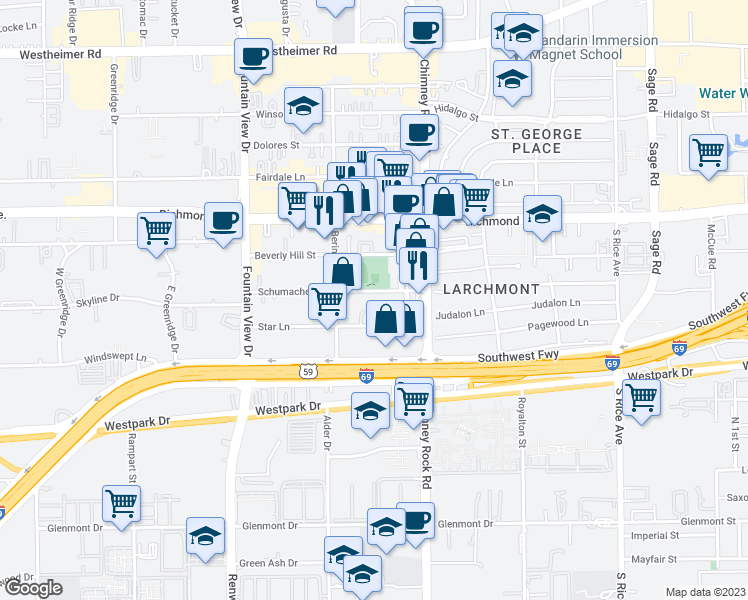 map of restaurants, bars, coffee shops, grocery stores, and more near 5625 Schumacher Lane in Houston
