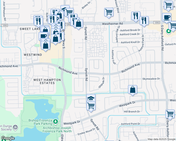 map of restaurants, bars, coffee shops, grocery stores, and more near 2915 Hollow Creek Drive in Houston