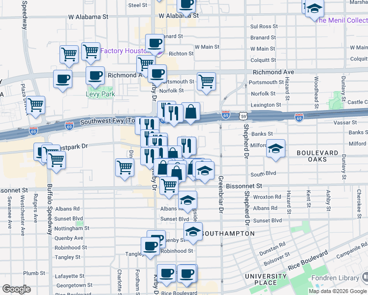 map of restaurants, bars, coffee shops, grocery stores, and more near 2440 North Boulevard in Houston