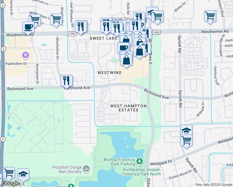 map of restaurants, bars, coffee shops, grocery stores, and more near 3003 Windchase Boulevard in Houston